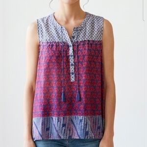 Lorimer NYC Semi-Sheer Hi-Lo Sleeveless Boho Blouse / Top Blue Red Floral Medium